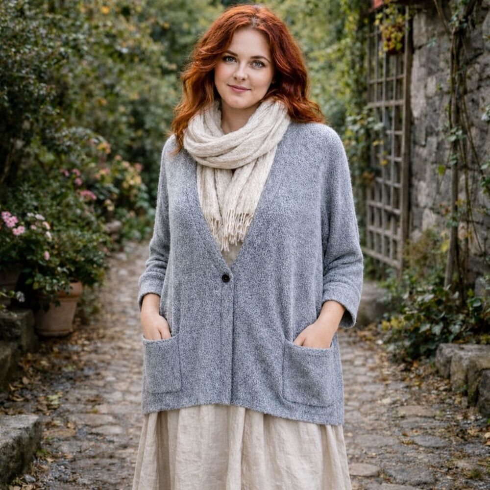 Pure J Jill One Button Oversized Boxy Cardigan Blue/gray Soft Fuzzy Fleece XL